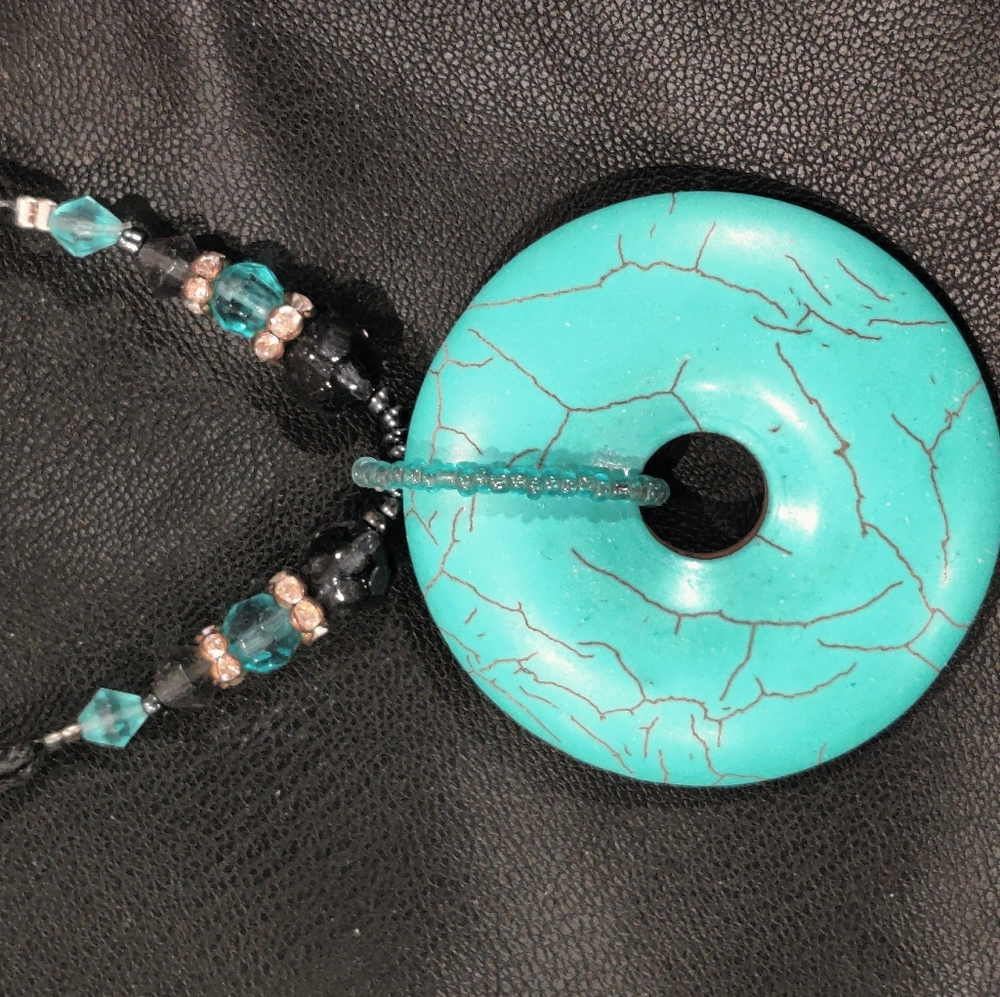Turquoise blue stone disk focal necklace with black choker/necklace
